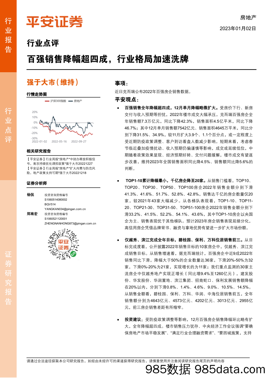 房地产行业点评：百强销售降幅超四成，行业格局加速洗牌_平安证券