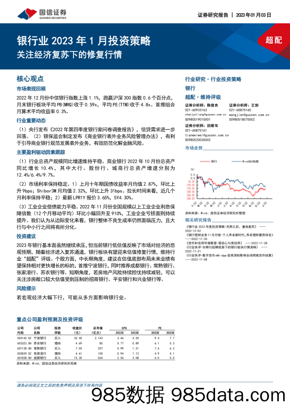 银行业2023年1月投资策略：关注经济复苏下的修复行情_国信证券