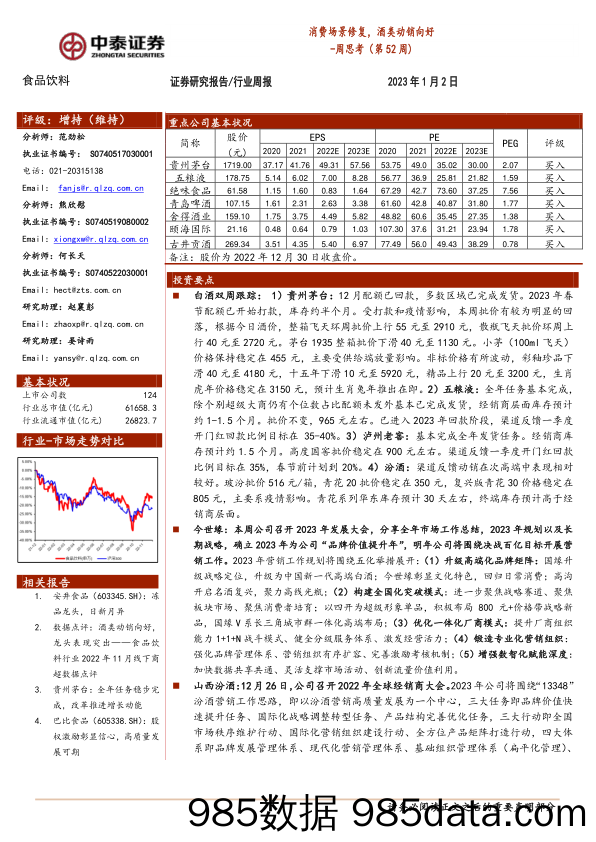 食品饮料周思考（第52周）：消费场景修复，酒类动销向好_中泰证券