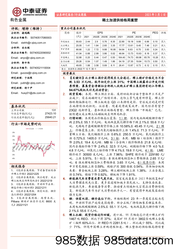 有色金属行业周报：稀土加速供给格局重塑_中泰证券