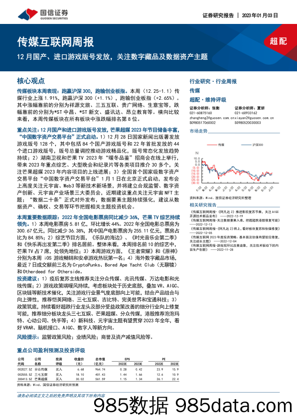 传媒互联网周报：12月国产、进口游戏版号发放，关注数字藏品及数据资产主题_国信证券