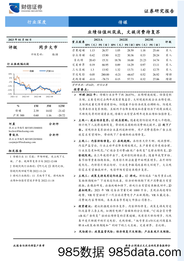 传媒行业深度：业绩估值双筑底，文娱消费待复苏_财信证券