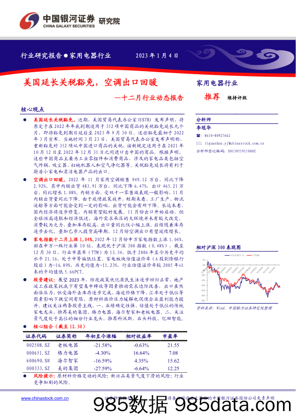 家用电器十二月行业动态报告：美国延长关税豁免，空调出口回暖_中国银河