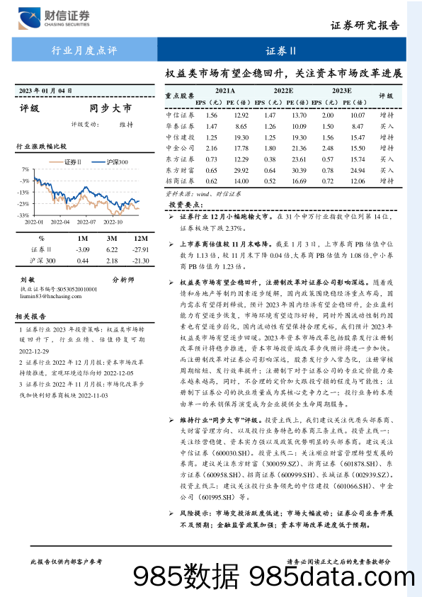 证券Ⅱ行业月度点评：权益类市场有望企稳回升，关注资本市场改革进展_财信证券