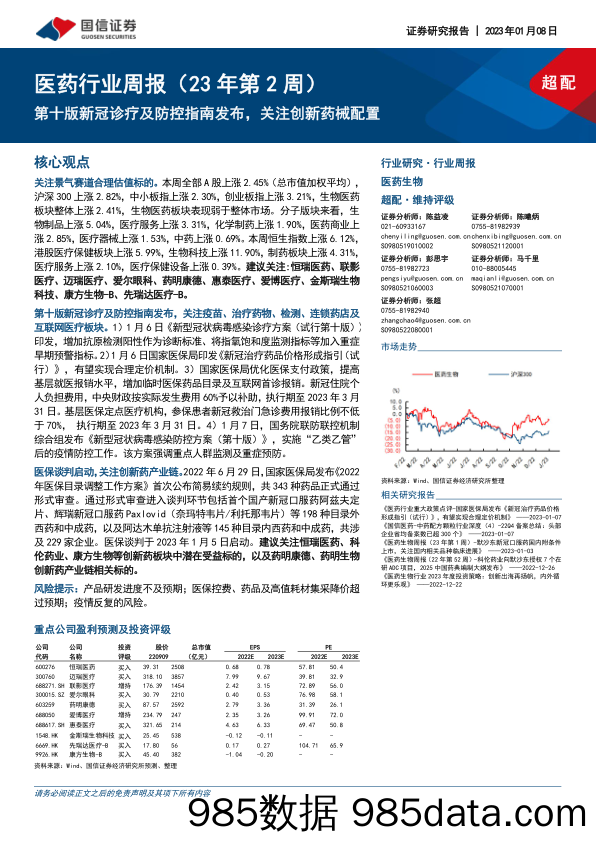 医药行业周报（23年第2周）：第十版新冠诊疗及防控指南发布，关注创新药械配置_国信证券