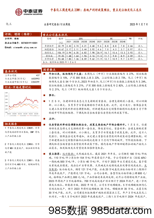 中泰化工周度观点23W1：房地产利好政策频出，重点关注相关化工龙头_中泰证券