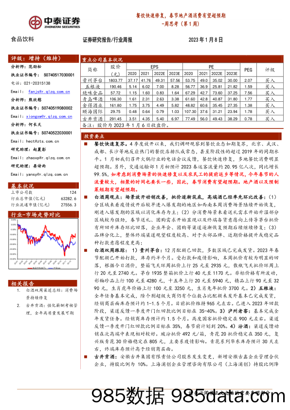 食品饮料周思考（第1周）：餐饮快速修复，春节地产酒消费有望超预期_中泰证券