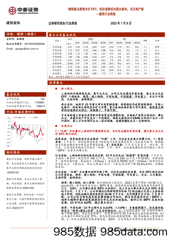 建筑行业周报：继续重点推荐光伏EPC、低估值绩优央国企板块，关注地产链_中泰证券