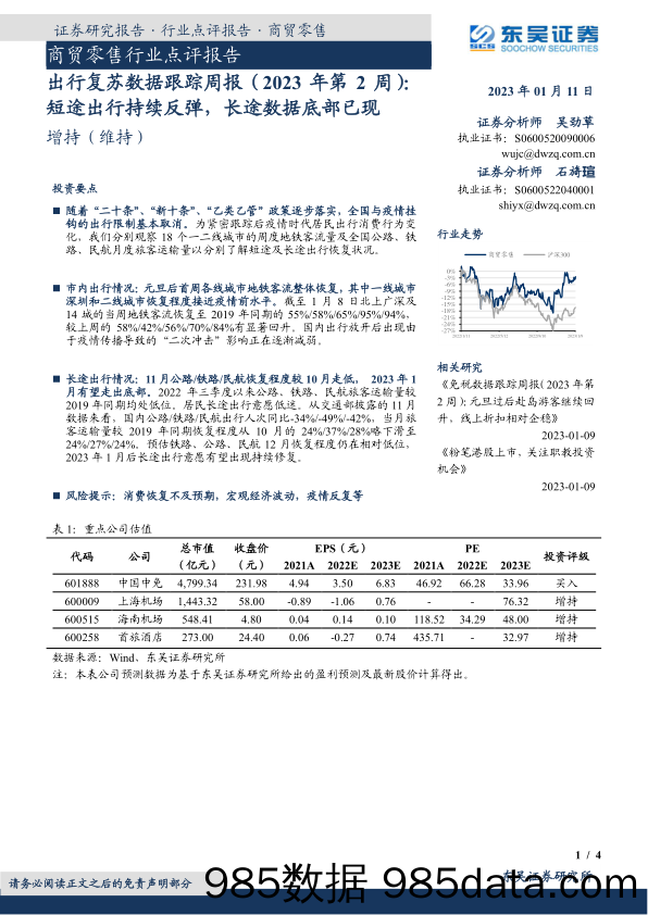 商贸零售行业点评报告：出行复苏数据跟踪周报（2023年第2周）：短途出行持续反弹，长途数据底部已现_东吴证券