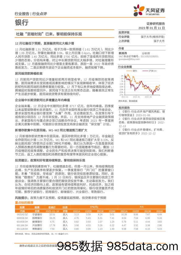 银行：社融“至暗时刻”已来，黎明前保持乐观_天风证券