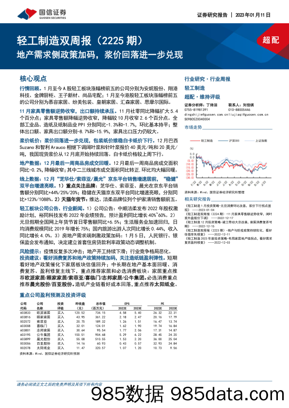 轻工制造双周报（2225期）：地产需求侧政策加码，浆价回落进一步兑现_国信证券