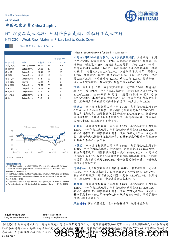 HTI消费品成本指数：原材料多数走弱，带动行业成本下行_海通国际