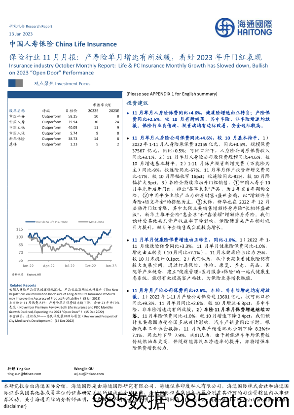 保险行业11月月报：产寿险单月增速有所放缓，看好2023年开门红表现_海通国际