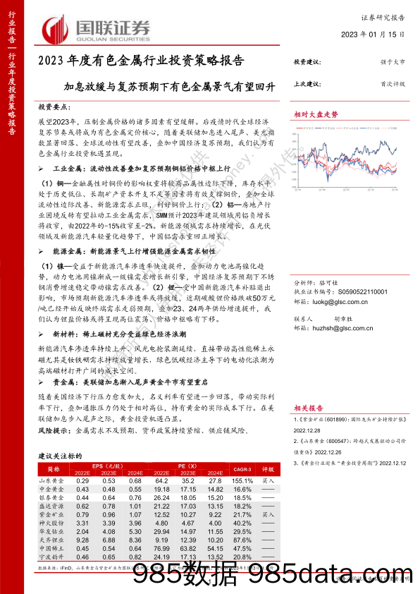 2023年度有色金属行业投资策略报告：加息放缓与复苏预期下有色金属景气有望回升_国联证券