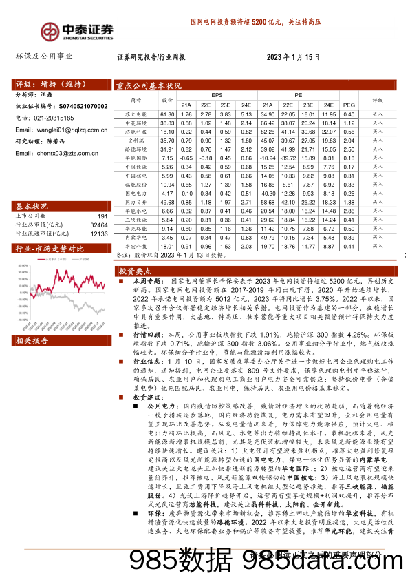 环保及公用事业行业周报：国网电网投资额将超5200亿元，关注特高压_中泰证券