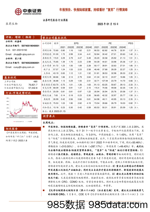 医药生物行业周报：年报预告、快报陆续披露，持续看好“复苏”行情演绎_中泰证券