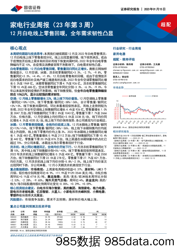 家电行业周报（23年第3周）：12月白电线上零售回暖，全年需求韧性凸显_国信证券