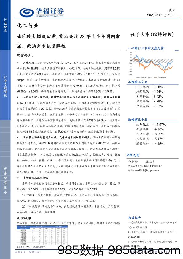 化工行业：油价较大幅度回弹，重点关注23年上半年国内航煤、柴油需求恢复弹性_华福证券