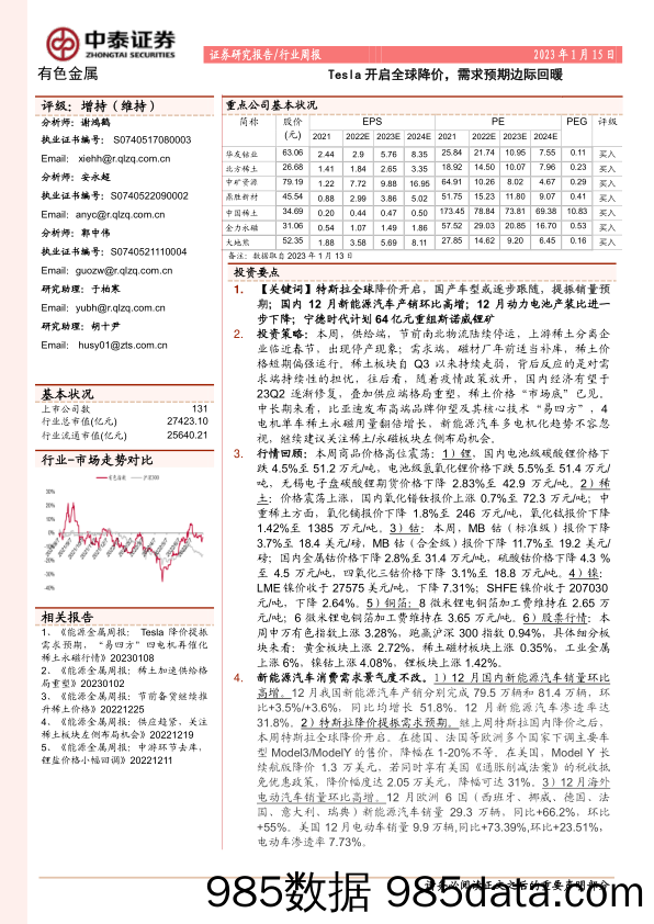 有色金属行业周报：Tesla开启全球降价，需求预期边际回暖_中泰证券