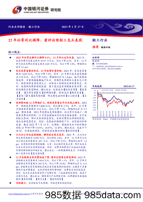 轻工行业：22年社零同比微降，看好后续轻工龙头表现_中国银河