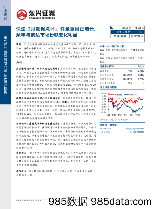 快递12月数据点评：件量重回正增长,顺丰与韵达市场份额变化明显_东兴证券