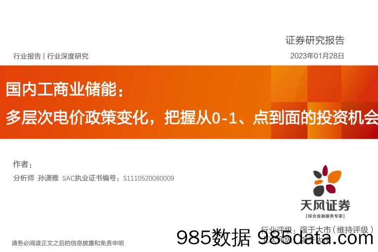 国内工商业储能行业深度研究：多层次电价政策变化，把握从0-1、点到面的投资机会_天风证券