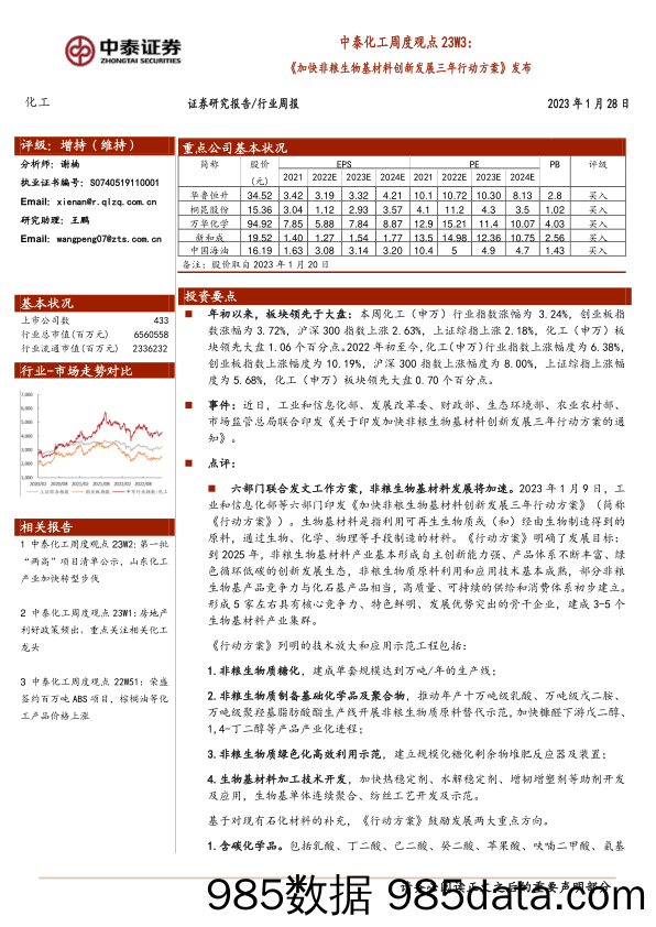 中泰化工周度观点23W3：《加快非粮生物基材料创新发展三年行动方案》发布_中泰证券