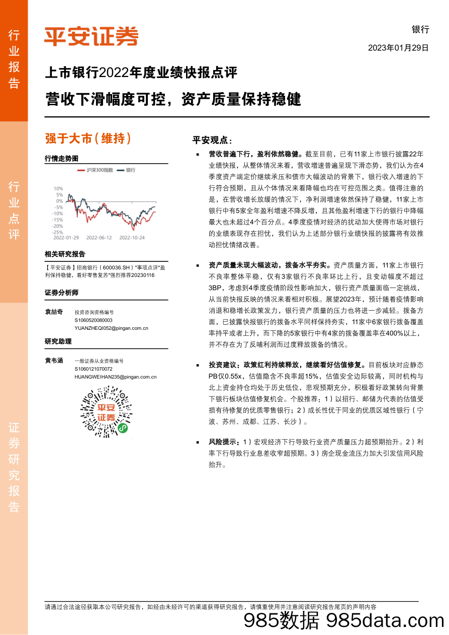 上市银行2022年度业绩快报点评：营收下滑幅度可控，资产质量保持稳健_平安证券