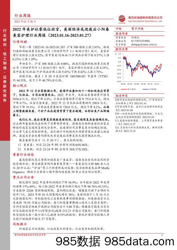 美容护理行业周报：2022年美护社零低位收官，美丽经济或迎疫后小阳春_东亚前海证券