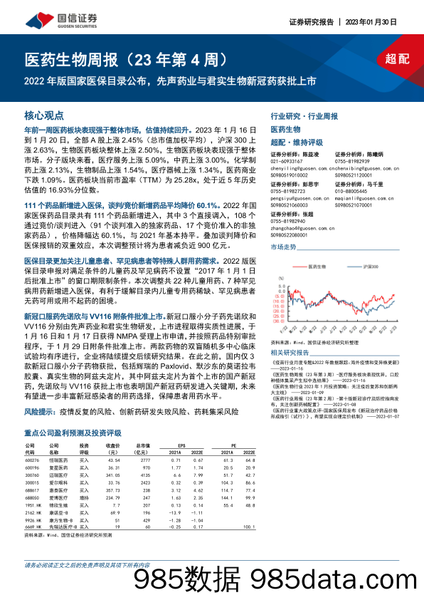 医药生物周报（23年第4周）：2022年版国家医保目录公布，先声药业与君实生物新冠药获批上市_国信证券