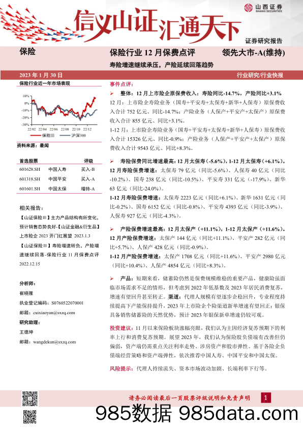 保险行业12月保费点评：寿险增速继续承压，产险延续回落趋势_山西证券