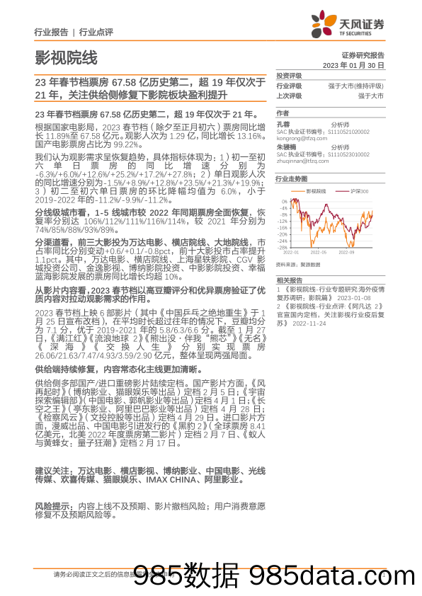 影视院线：23年春节档票房67.58亿历史第二，超19年仅次于21年，关注供给侧修复下影院板块盈利提升_天风证券