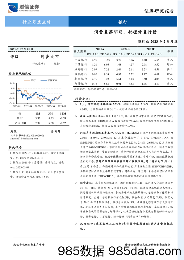 银行行业月度点评：消费复苏明朗，把握修复行情_财信证券