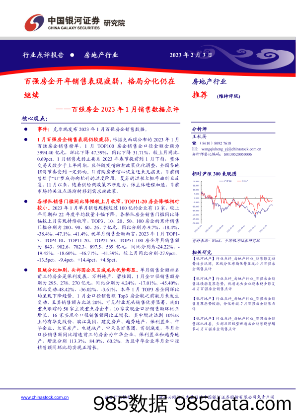 百强房企2023年1月销售数据点评：百强房企开年销售表现疲弱，格局分化仍在继续_中国银河