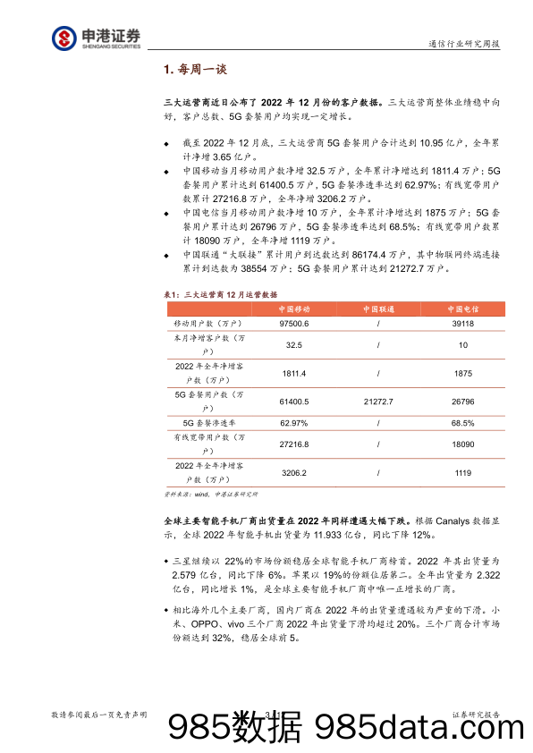 通信行业研究周报：运营商业绩向好 终端市场持续低迷_申港证券插图2