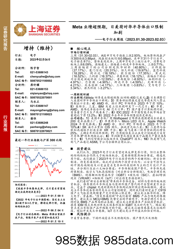 电子行业周报：Meta业绩超预期，日美荷对华半导体出口限制加剧_上海证券