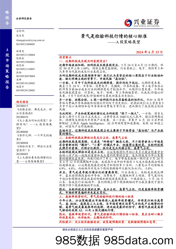 A股策略展望：景气是检验科技行情的核心标准-240615-兴业证券