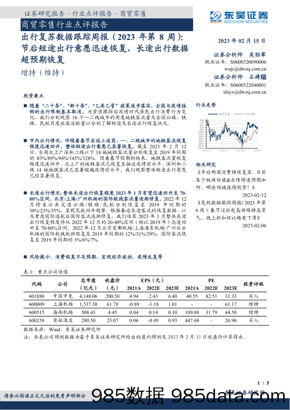 出行复苏数据跟踪周报（2023年第8周）：节后短途出行意愿迅速恢复，长途出行数据超预期恢复_东吴证券