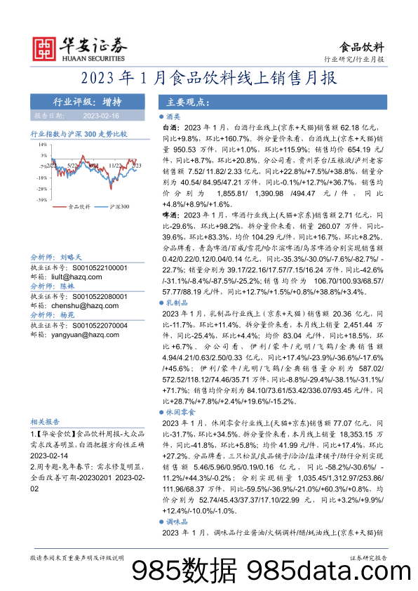 食品饮料行业月报：2023年1月食品饮料线上销售月报_华安证券