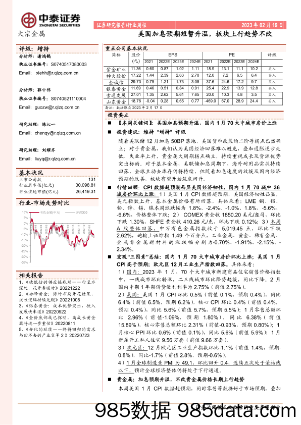 大宗金属行业周报：美国加息预期短暂升温，板块上行趋势不改_中泰证券