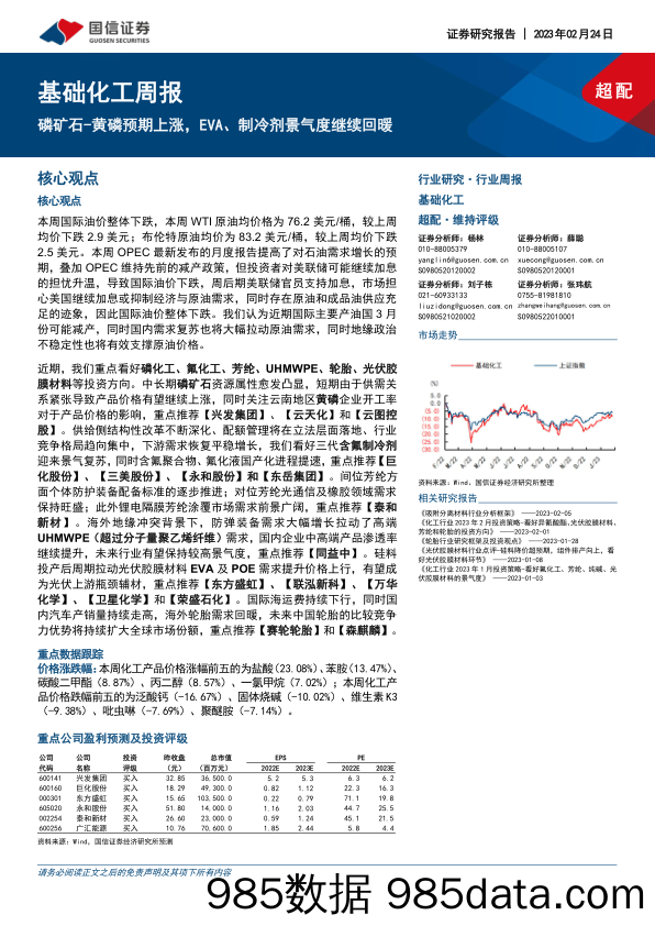 基础化工周报：磷矿石-黄磷预期上涨，EVA、制冷剂景气度继续回暖_国信证券