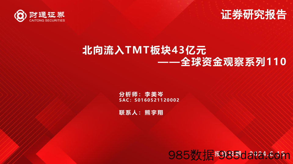 全球资金观察系列110：北向流入TMT板块43亿元-240615-财通证券