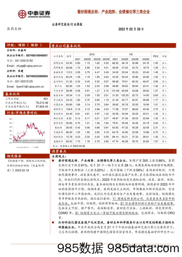 医药生物行业周报：看好困境反转、产业趋势、业绩催化等三类企业_中泰证券