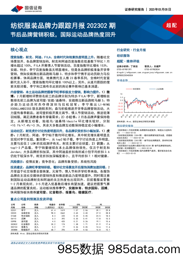 纺织服装品牌力跟踪月报202302期：节后品牌营销积极，国际运动品牌热度回升_国信证券