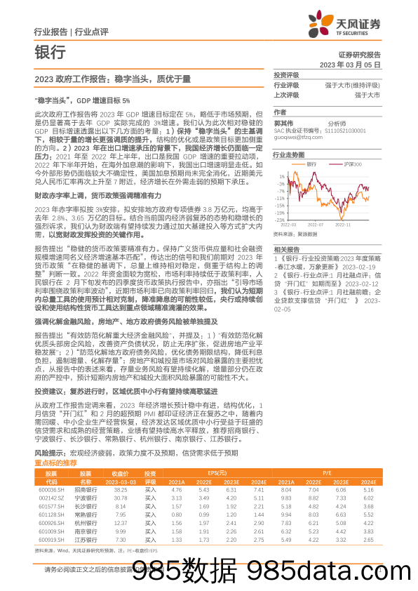 银行：2023政府工作报告：稳字当头，质优于量_天风证券