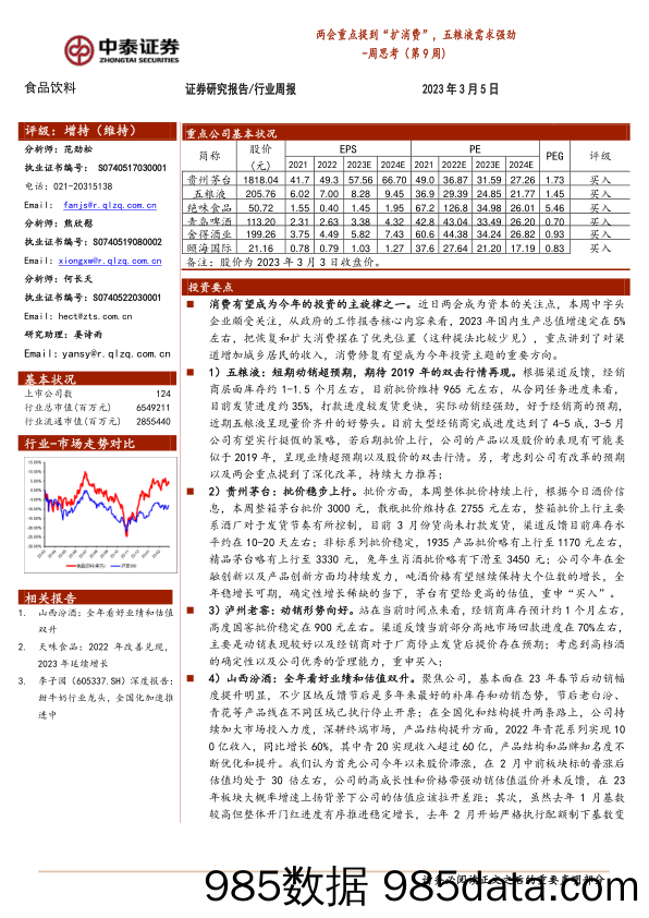 食品饮料行业周思考（第9周）：两会重点提到“扩消费”，五粮液需求强劲_中泰证券