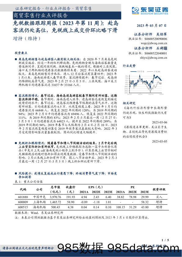 免税数据跟踪周报（2023年第11周）：赴岛客流仍处高位，免税线上成交价环比略下滑_东吴证券