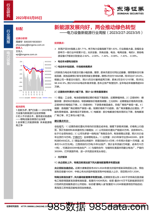 电力设备新能源行业周报：新能源发展向好，两会推动绿色转型_东海证券