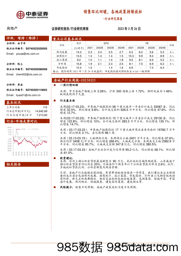 房地产行业研究周报：销售环比回暖，各地政策持续放_中泰证券