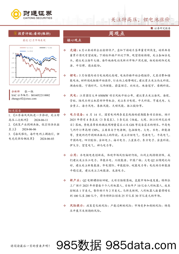 电力设备行业：关注特高压，锂电池涨价-240620-财通证券